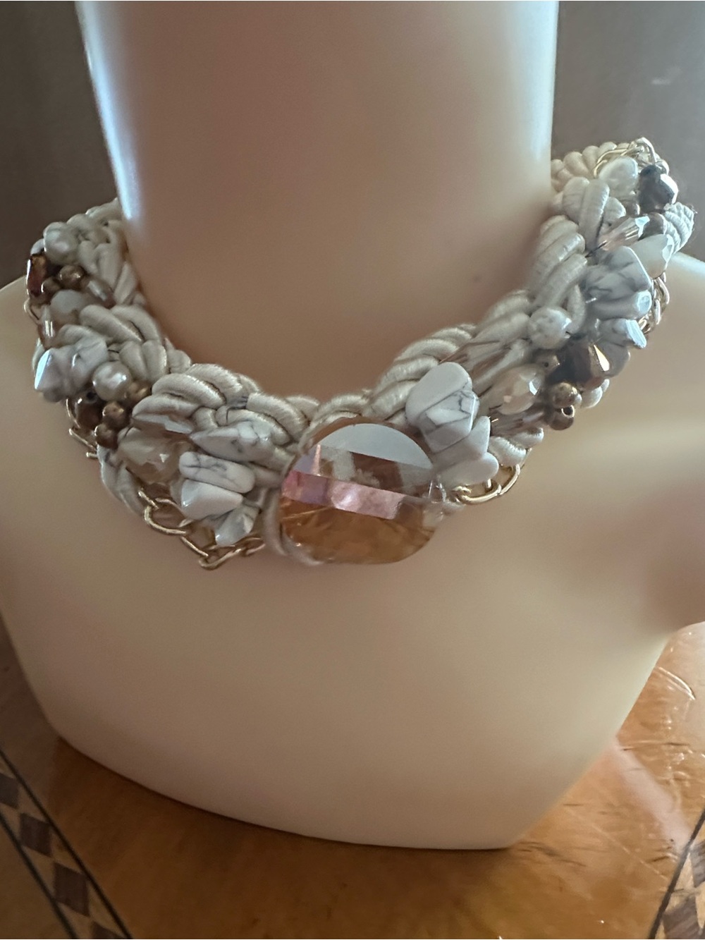 Neutral White Braided Necklace with Amber Stone Accent